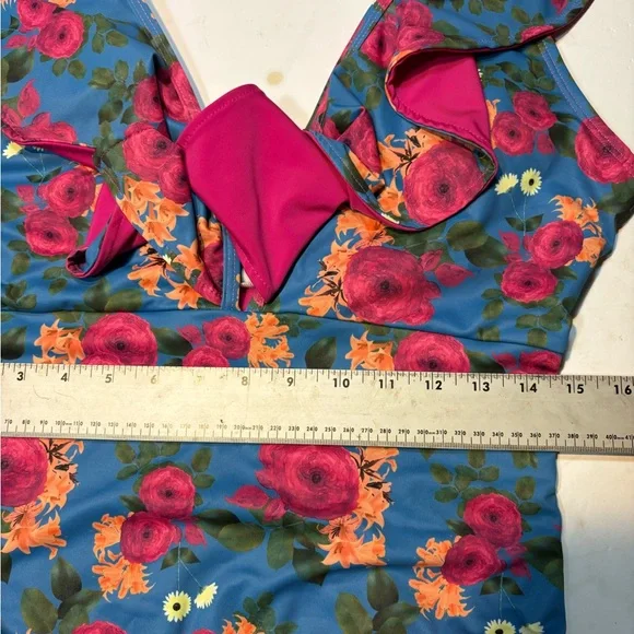 one-piece floral print swimsuit in multicolor deep V-neck ruffle trim med - Picture 6 of 12